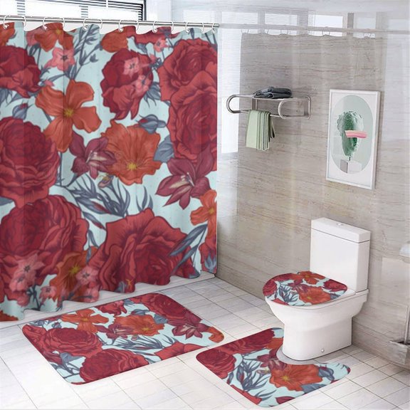 Red Roses Floral Seamless Pattern Shower Curtain Set 4PCs with Hooks Waterproof Bathroom Toilet Mat Lid Decor