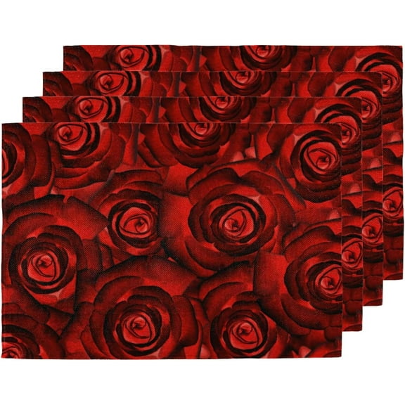 Red Roses Flower Placemats Set of 6 Fabric Placemats 12x18 Inch Square Placemat for Kitchen Table Heat Resistant, Easy to Clean Table Placemats