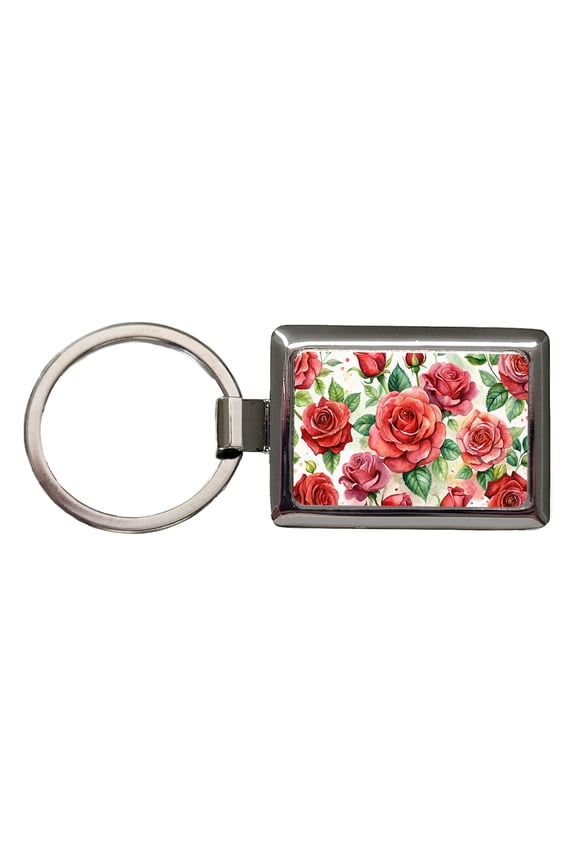 Red Roses Flowers Watercolor Metal Rectangle Keychain