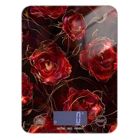 Red Roses Food Scale Digital Kitchen Scale Waterproof Tempered Glass Tare Function 11 lb for Baking Cooking Meal Prep