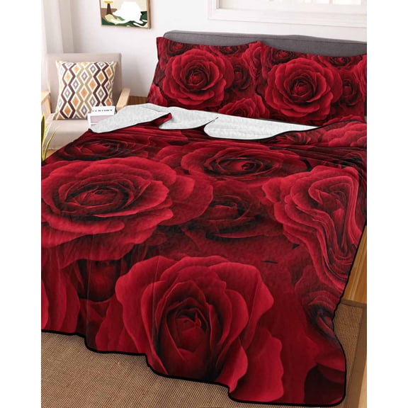 Red Roses Full Size Down Alternative Comforter, Lightweight Comforter Quilt Bedding Set with Pillow Shams Valentine's Day Flowers Floral Vintage All Seasons Bed Comforter Duvet Insert 78"x90"