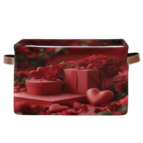 Red Roses and Gift Box Foldable Storage Basket,Canvas Fabric Foldable Storage Bins with Handles Open Home Storage Bins Boxes for Toy Book Shelf Closet Baskets