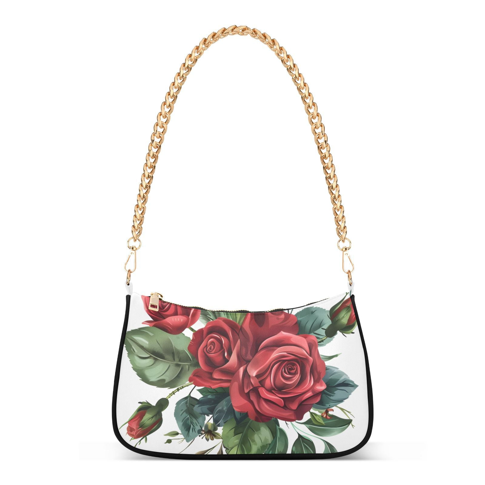 Red Roses Green Leaves FlowersWomen Small Shoulder Bag Crossbody Tote Hobo Bags Purse Clutch Handbags with Chain Strap for Women