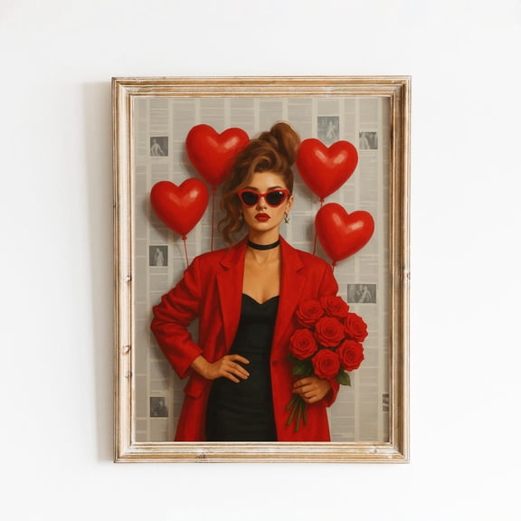 Red Roses & Heart Balloons Art Poster – Bold Romantic Wall Decor, Stretched Canvas Size 8x12