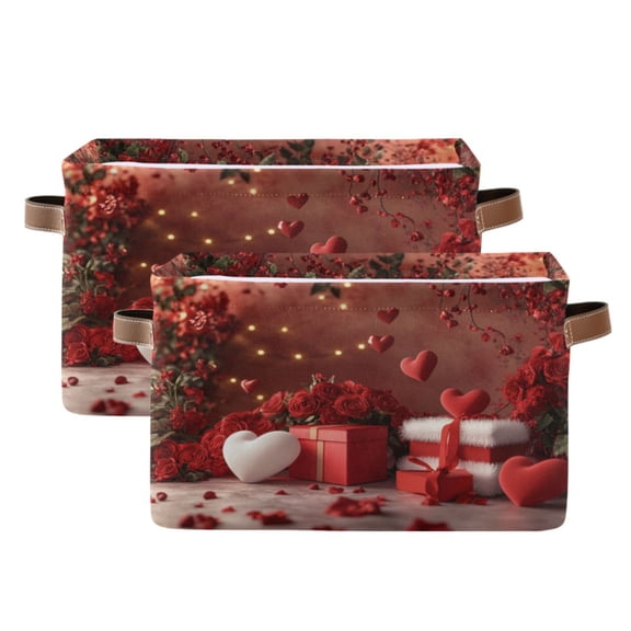 Red Roses and Heart Balloons Foldable Storage Basket,Canvas Fabric Foldable Storage Bins with Handles Open Home Storage Bins Boxes for Toy Book Shelf Closet Baskets