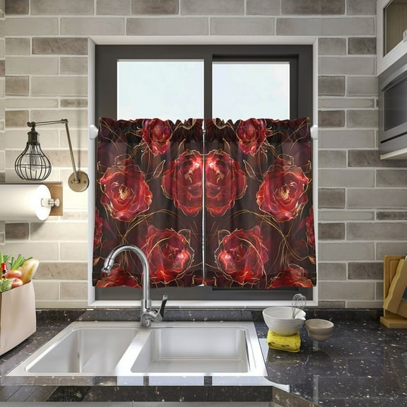 Red Roses Kitchen Curtains Half Tier Curtain 2 Rod Pockets Bathroom Bedroom Cupborad Living Room 27"x24"