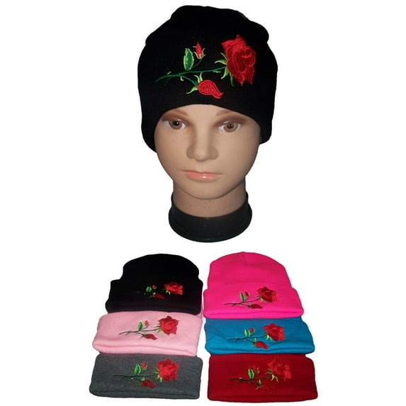 Red Roses Knitted Winter Caps Beanies Embroidered (Wca127)
