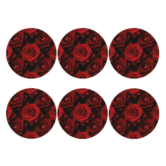 Red Roses Leather Coasters for Drinks Perfect for Living Room, Kitchen, or Outdoor Use Set of 6 Round Shape