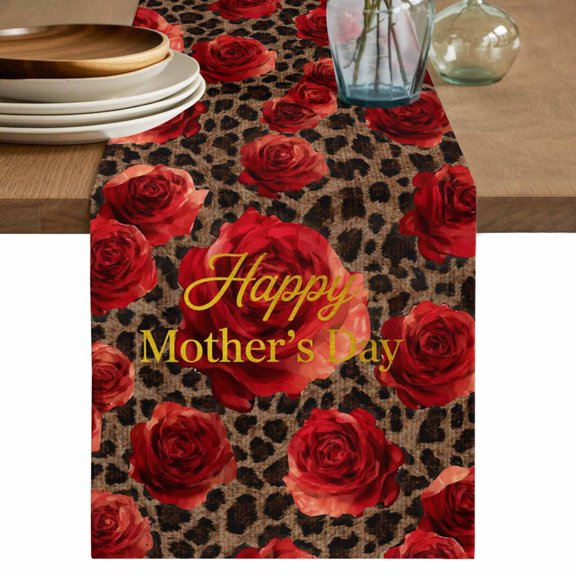 Red Roses Leopard Table Runner, Happy Mother's Day Washable Cotton Linen Table Runners 48 Inches Long, Dresser Scarf Runner for Nightstand/Coffee/End Tables 13''x48''