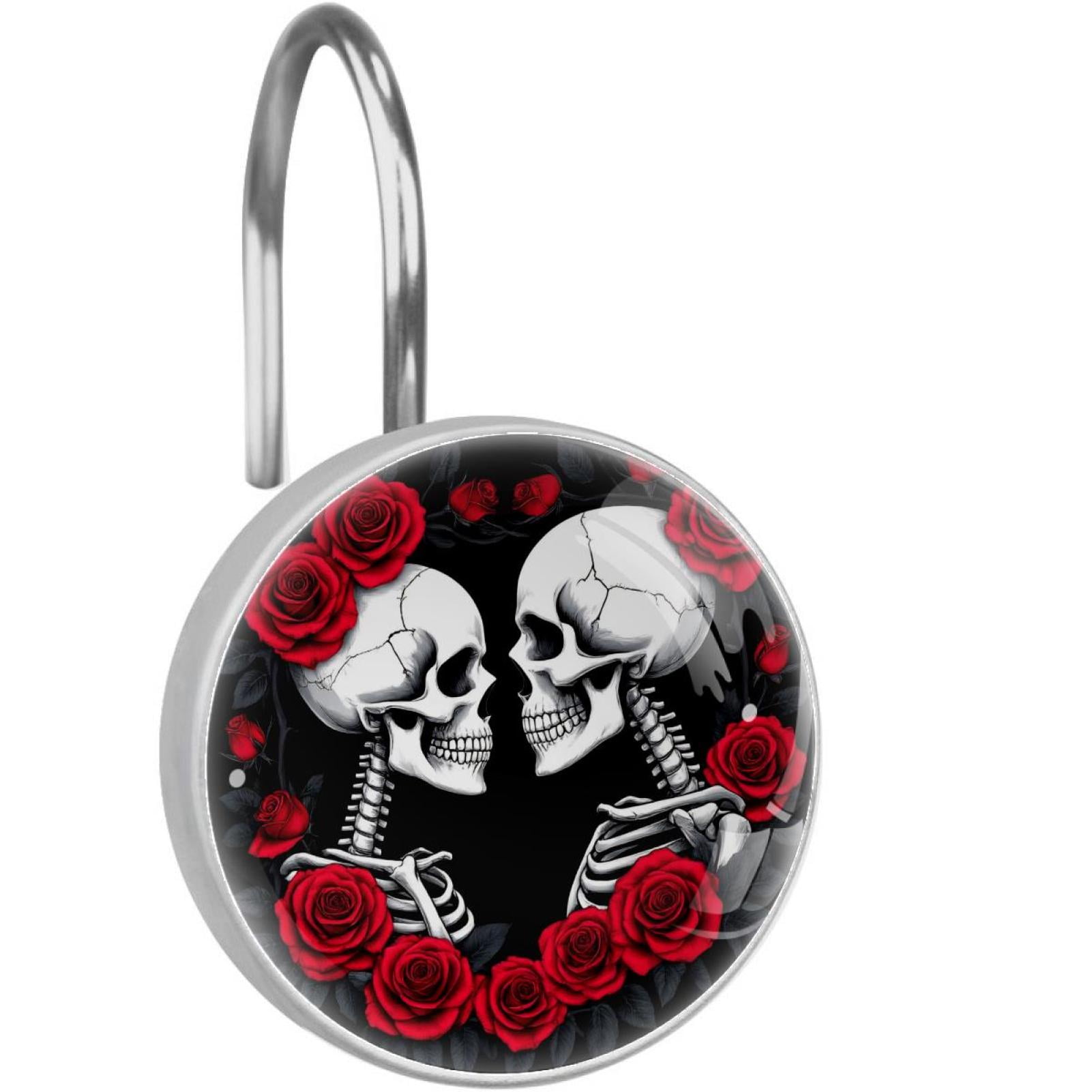 Red Roses Love Heart Skeleton Couple Shower Curtain Hooks Round Crystal Glass, Set of 12 Shower Curtain Rings - Shower Hooks for Curtain Shower Rings