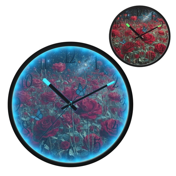 Red Roses Luminous Wall Clock with Sound-Activated LED 12-Inch Silent Acrylic Timepiece for Bedroom Livingroom or Office