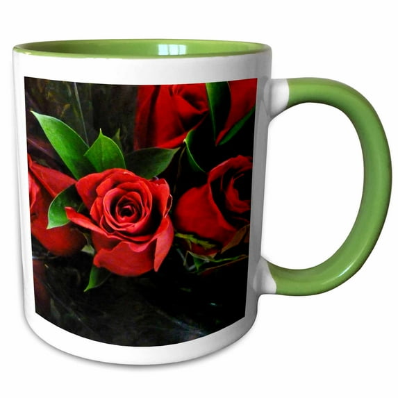 3drose, Red Roses on Black, 15oz Two-tone Green Mug