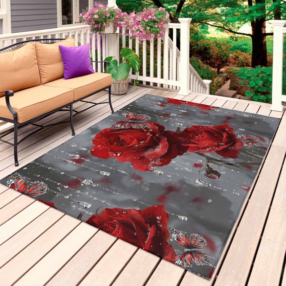 Red Roses Outdoor Rug 5x7 Ft, Non Slip Washable Area Rug, Valentine's Day Crystal Butterflies Floral Patio Rugs Carpet Runner, Large Floor Mat for Indoor/Outdoor Deck Porch Camping