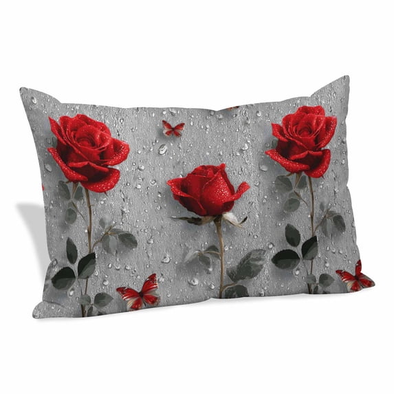 Red Roses Pillow Covers, Linen Long Throw Pillow Case, Valentine's Day Butterflies Floral Romantic Gray Holiday Pillow Protector Decorative Cushion Cover for Living Room/Bedroom 12" x 20"