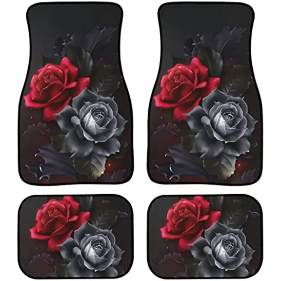 Red Roses Print 4 Piece Heavy Duty Front & Rear Rubber Floor Mas for Car SUV Trucks Vans Sedans All Weather Floor Prot
