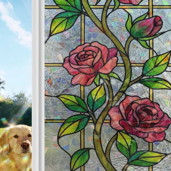 Red Roses Rainbow Window Privacy Film, Vines Lines Stained Glass Elegant Stained Glass Window Film, Sun Blocking Glass Clings Static Cling Non Adhesive Door Stickers 17.7 x 39.3 Inches
