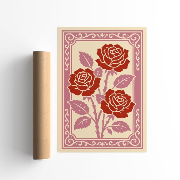 Red Roses Rococo Frame Print: Romantic Vintage Floral Wall Art UNFRAMED Poster, Wall Art for Decor, Present, 8x12