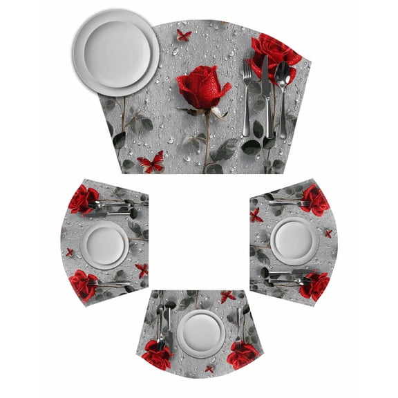 Red Roses Round Placemats Set of 2, Valentine's Day Butterflies Floral Romantic Gray Placemats for Round Dining Table Shape Wedge Placemats for Outdoor Indoor Wipeable Clean Table Place Mats