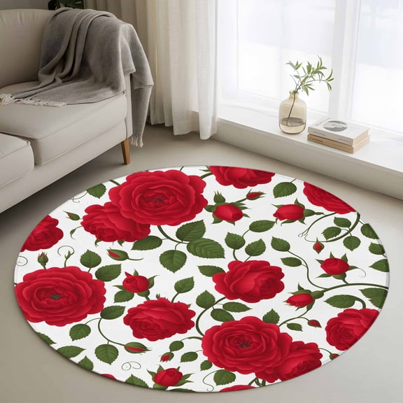 Red Roses Round Rug 3ft Washable Circle Entryway Rugs Non Slip Valentine's Day Flowers Leaves Romantic Area Rug Indoor Floor Carpet for Bedroom Kitchen Living Room Home Office Dining Room Nursery