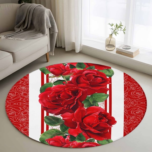 Red Roses Round Rug 3ft Washable Circle Entryway Rugs Non Slip Valentine's Day Romantic Flowers Green Leaf Stripes Area Rug Indoor Floor Carpet for Bedroom Kitchen Living Room Home Office Dining Room