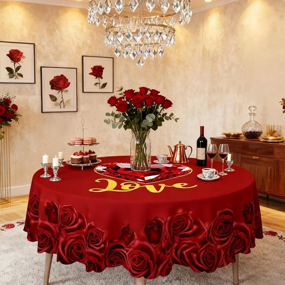 Red Roses Round Tablecloth Valentines Day Large Love Heart Tablecloth Resistant Polyester Table Cover Romantic Centerpiece for Valentine''s Day Anniversary Candlelight Dinner Decor