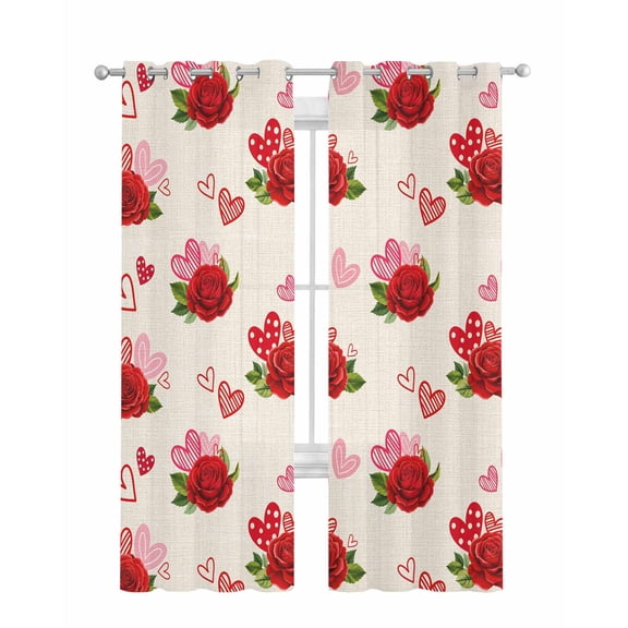 Red Roses Sheer Curtains 63 Inch Length 2 Panels Set for Living Room/Bedroom, Valentine's Day Love Floral Beige Country Kitchen Curtains Grommet Semi-Sheer Curtains Drapes Window Treatments 42"x63"x2
