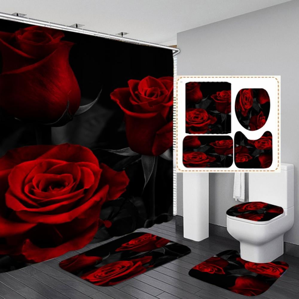 Red Roses 4 Pcs Bathroom Set Shower Curtain, Rugs, Hooks, Bath Mats