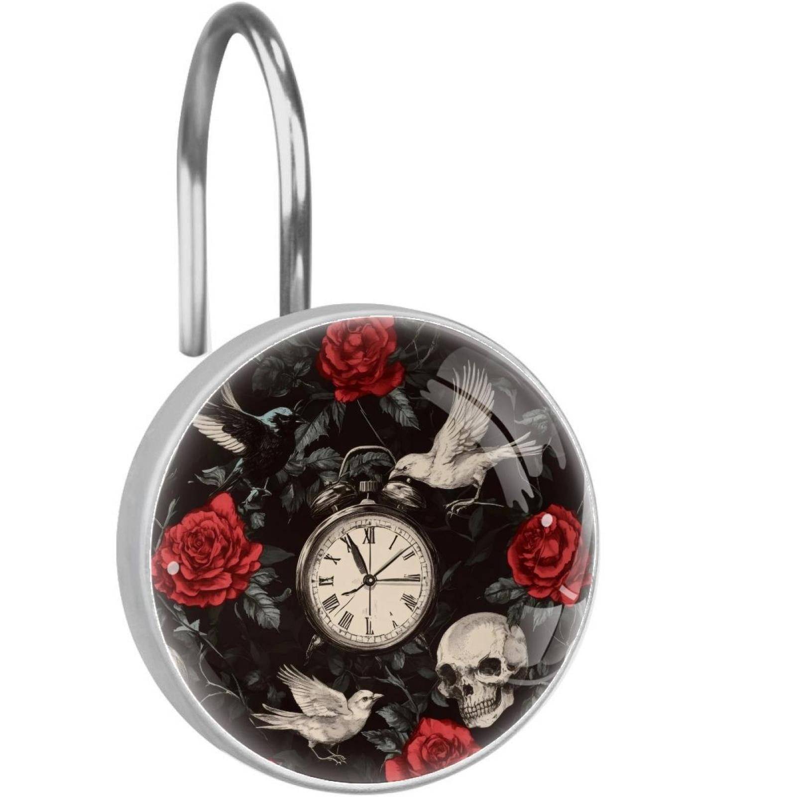 Red Roses Skulls Vintage Clock Shower Curtain Hooks Round Crystal Glass, Set of 12 Shower Curtain Rings - Shower Hooks for Curtain Shower Rings