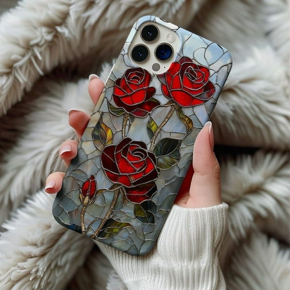 Red Roses Stained Glass Floral Pattern Phone Case for iPhone 11 12 13 14 15 16 17 Pro Max