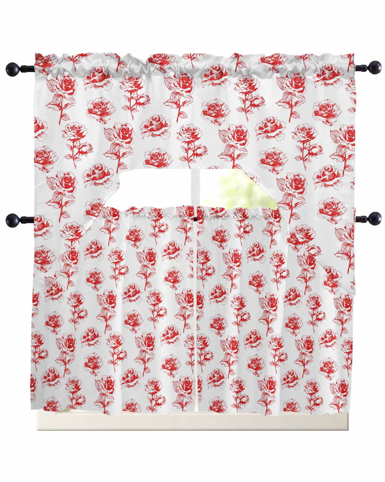 Red Roses Swag Kitchen Curtains Sets for Windows 24 Inch Length ...