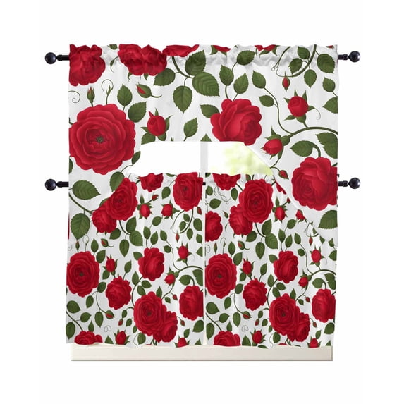 Red Roses Swag Kitchen Curtains Sets for Windows 24 Inch Length, Valentine's Day Flowers Leaves Romantic Short Window Curtain Panels Swags Valances and Tiers 3 Piece Set for Cafe/Dining Room