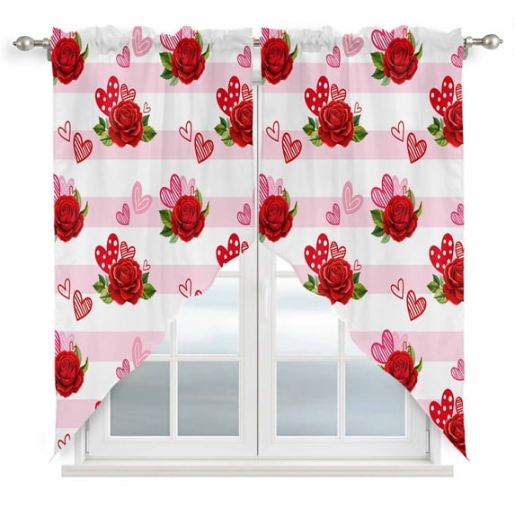 Red Roses Swag Valances for Windows, Kitchen Window Curtains Over Sink, Valentine's Day Flowers Love Stripes Pink Window Treatment Curtains for Living Room/Bedroom Curtains 2 Panel Sets 36"x45"