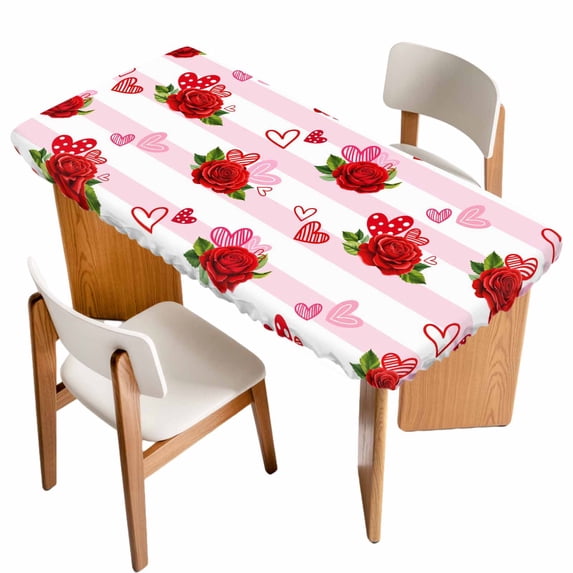 Red Roses Table Cloths for 3 Foot Rectangle Tables, Valentine's Day Flowers Love Stripes Pink Patio Waterproof Elastic Fitted Tablecloths, Washable Rectangular Table Cover for Camping
