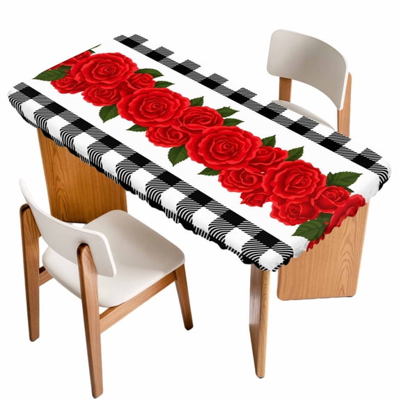 Red Roses Table Cloths for 5 Foot Rectangle Tables, Valentine's Day Romantic Floral Black White Plaid Patio Waterproof Elastic Fitted Tablecloths, Washable Rectangular Table Cover for Camping