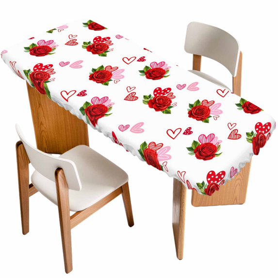 Red Roses Table Cloths for 8 Foot Rectangle Tables, Valentine's Day Floral Love White Country Patio Waterproof Elastic Fitted Tablecloths, Washable Rectangular Table Cover for Camping