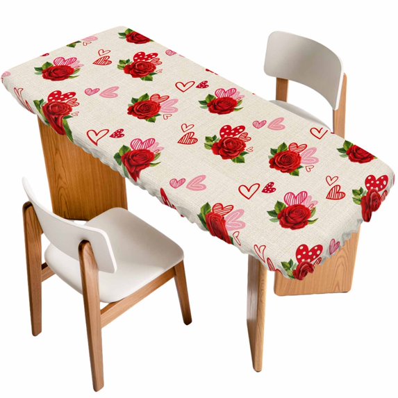 Red Roses Table Cloths for 8 Foot Rectangle Tables, Valentine's Day Love Floral Beige Country Patio Waterproof Elastic Fitted Tablecloths, Washable Rectangular Table Cover for Camping