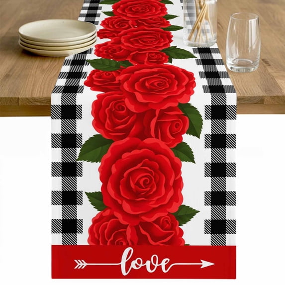 Red Roses Table Runner - 36 Inch Long Valentine's Day Romantic Floral Black White Plaid Cotton and Linen Blended Dress Scarves Farmhouse Table Runner for Kitchen Dining, Coffee Table, 13" x 36"