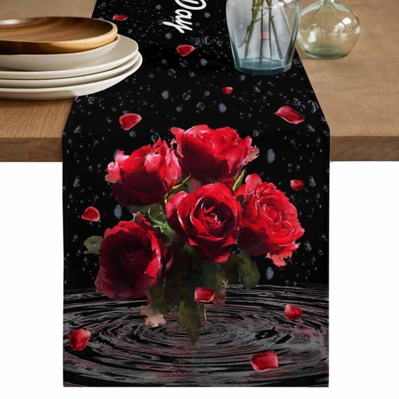 Red Roses Table Runner 36 Inches, Valentines Day Romantic Petal Floral Black Bed Runner Dresser Scarves Tabletop for Indoor Outdoor Parties/Ceremony/Banquet, 13"x 36"