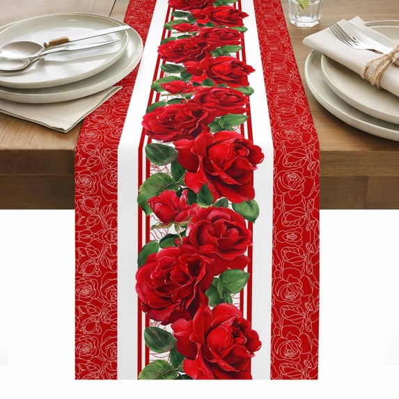 Red Roses Table Runner - 60 Inch Long, Kitchen Dining Table Runner Dresser Scarves, Valentine's Day Romantic Flowers Green Leaf Stripes Farmhouse Decor for Coffee Tables Wedding Party Banquet