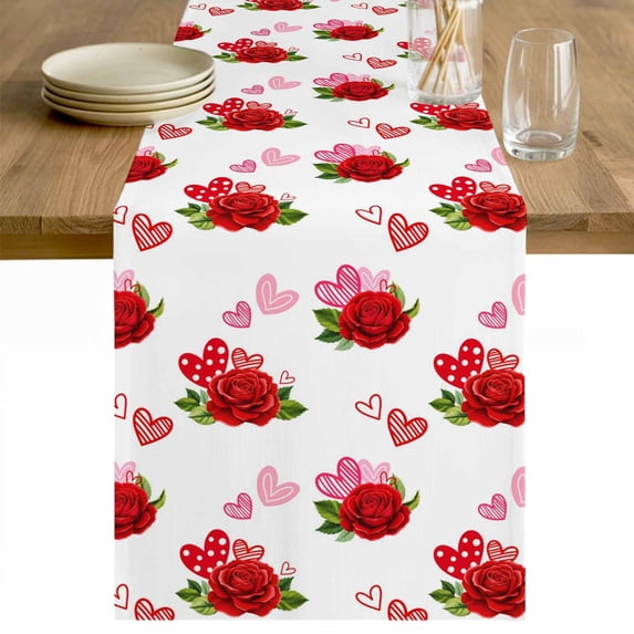 Red Roses Table Runner - 70 Inch Long Valentine's Day Floral Love White Country Cotton and Linen Blended Dress Scarves Farmhouse Table Runner for Kitchen Dining, Coffee Table, 13" x 70"