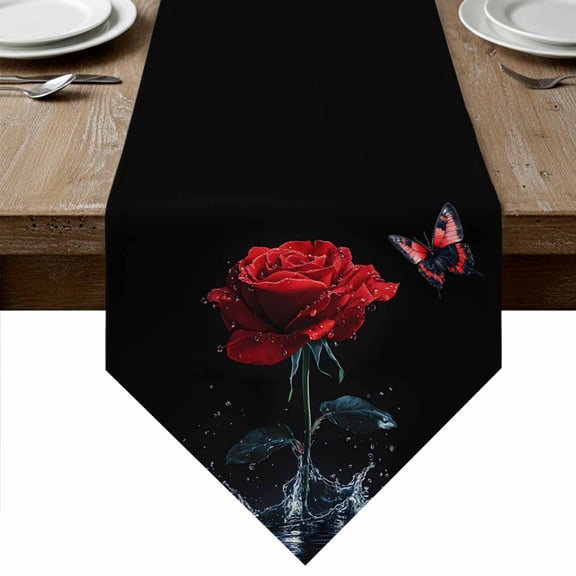 Red Roses Table Runner Linen Burlap Table Runner 36 Inches Small Modern Art Splash Flowers Butterfly Dresser Scarves for Kitchen Island Coffee Dining Room Party Wedding Banquet Holiday Decor 13"x36"
