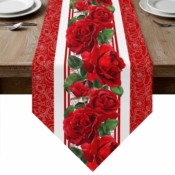 Red Roses Table Runner Linen Burlap Table Runner 36 Inches Small Valentine's Day Romantic Flowers Green Leaf Stripes Dresser Scarves for Kitchen Island Coffee Dining Party Holiday Decor 13"x36"