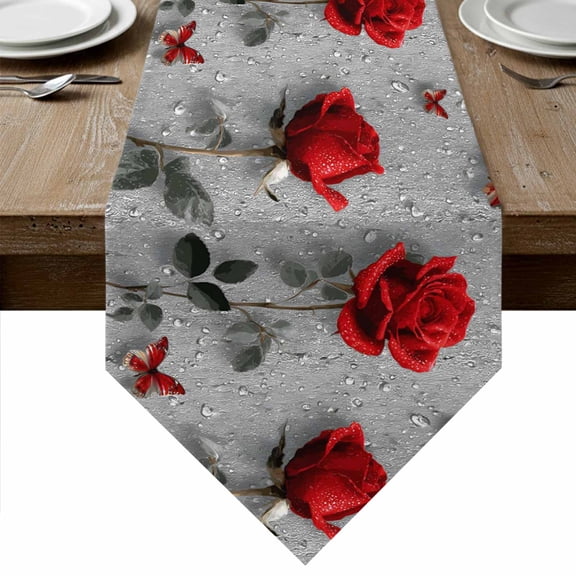 Red Roses Table Runner Linen Burlap Table Runner 70 Inches Long Valentine's Day Butterflies Floral Romantic Gray Dresser Scarves for Kitchen Island Coffee Dining Party Wedding Holiday Decor 13"x70"