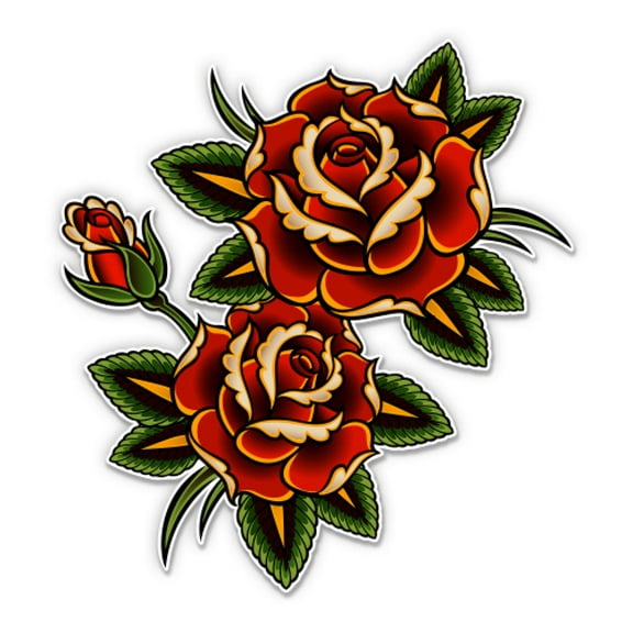 Red Roses Tattoo Retro Syle - 5" Vinyl Sticker - For Car Laptop I-Pad - Waterproof Decal