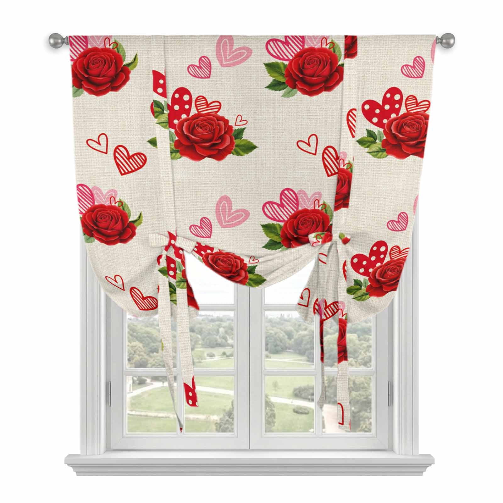 Red Roses Tie Up Curtains 45 Inches Long, Kitchen Window Curtains Over ...