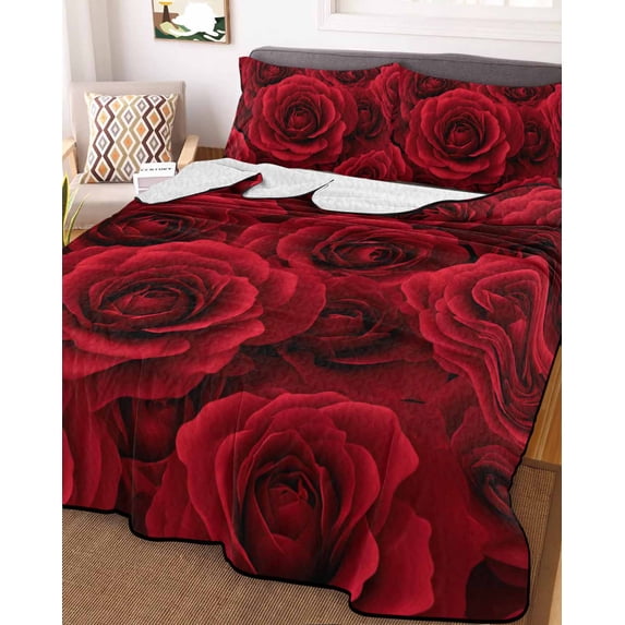 Red Roses Twin Size Down Alternative Comforter, Lightweight Comforter Quilt Bedding Set with Pillow Shams Valentine's Day Flowers Floral Vintage All Seasons Bed Comforter Duvet Insert 68"x86"