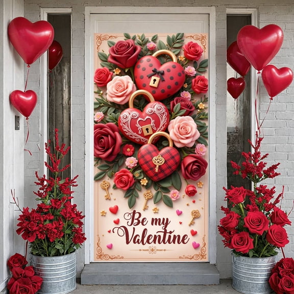 Red Roses Valentine Banner Pink Roses Heart Backdrop Heart Locks Gold Keys Love Display for Valentine's Day Party Romantic Date Wedding Decoration