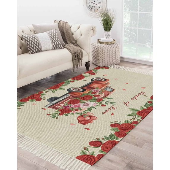 Red Roses Valentine's Day Area Rug 4x6 Living Room Rug with Tassel Woven Cotton Entryway Rugs Washable Bedroom Rugs Aesthetic Nursery Carpet Romantic Floral Truck Rustic Floor Mat for Laundry Room