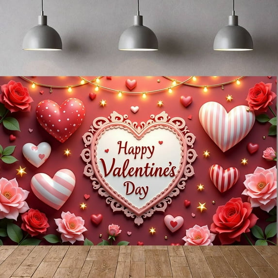 Red Roses Valentine's Day Banner Heart Shapes Love Display Romantic Gift Boxes Romantic Backdrop for Valentine's Party Romantic Date Indoor Decoration