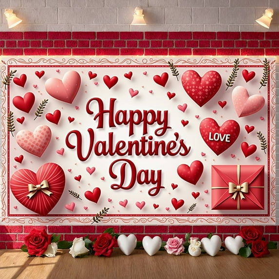 Red Roses Valentine's Day Banner Heart Shapes Love Display Romantic Gift Boxes Romantic Backdrop for Valentine's Party Romantic Date Indoor Decoration